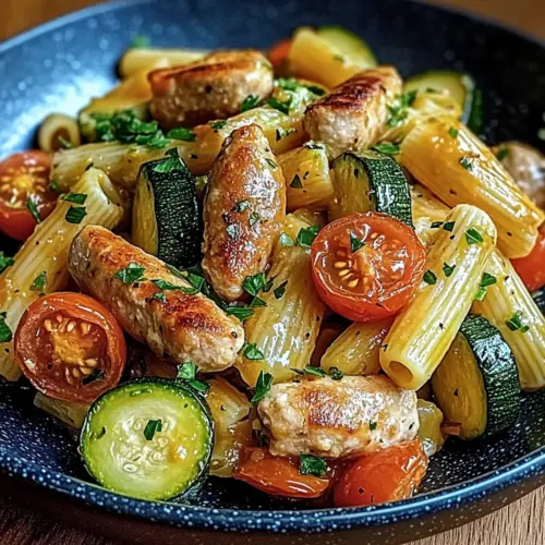 Chicken Sausages with Zucchini, Tomatoes and Pasta