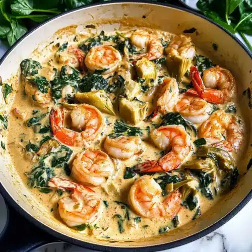 Creamy Spinach Artichoke Shrimp Skillet